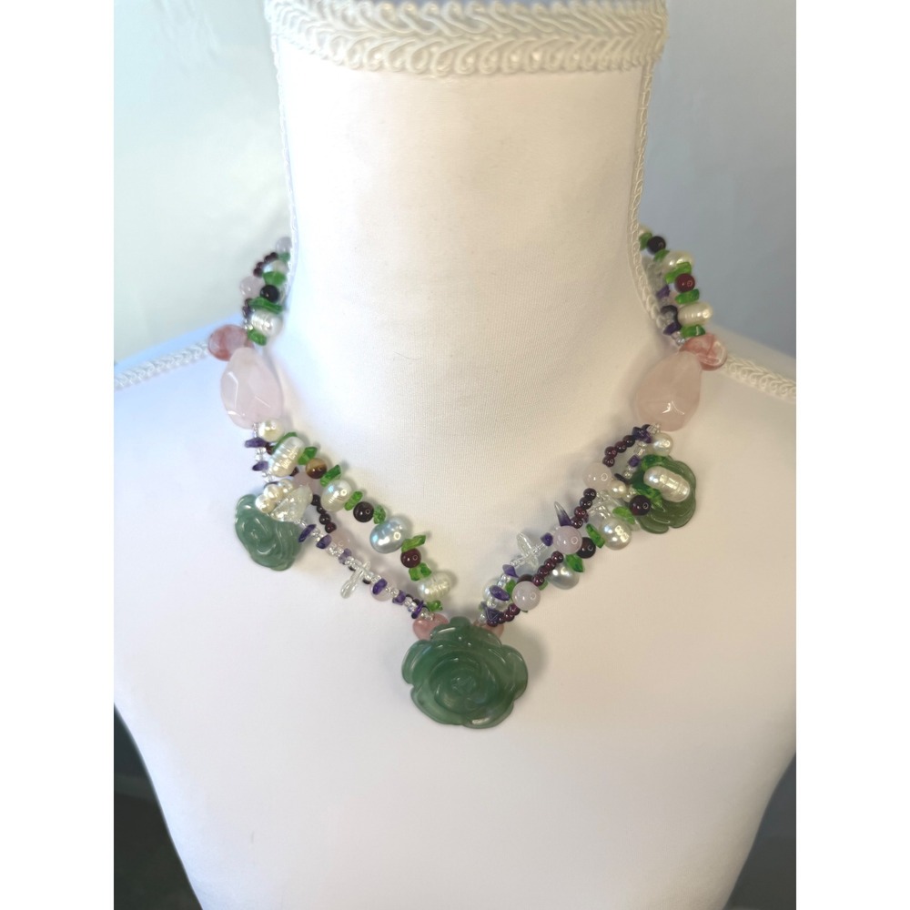Green Aventurine Carved Rose Gemstone Pearl Multi-Strand Statement Necklace Boho
